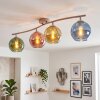 Retro-Deckenleuchte Koyoto mit 4 bunten Glasschirmen am geschwungenen Träger