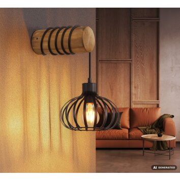 Globo Caldwell Wandleuchte Holz Industrial E27 schwarzer Metallkäfig Schalter am Kabel