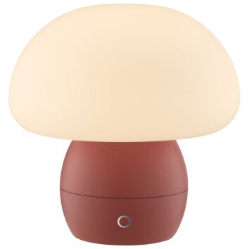 Brilliant LED Pilz-Tischleuchte Dupos, roter Fuß, weißer Glasschirm, warmweiß 2700 Kelvin